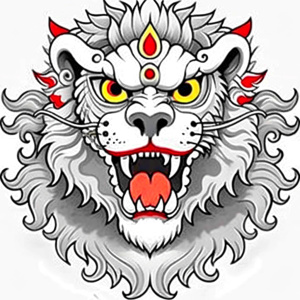 Chinese lion awakening, cute lion, black and white LOGO, frontal lion head