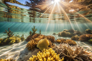 Fondo de mar plantas acuaticas. Colores amarillos, celestes y azules. rayos de sol. Colores cálidos. 