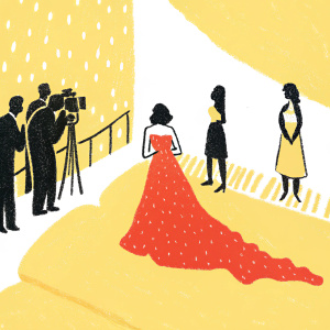 Priyanka Chopra at the Met Gala. Wearing a stunning red dress with a dramatic train. Standing on the glamorous red carpet with celebrities in the background.
