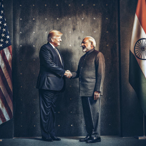 Donald Trump and Narendra Modi shaking hands at a diplomatic event. White wall backdrop with American and Indian flags
