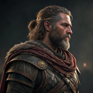 High-resolution render of Gary Riley from Assassin's Creed Odyssey. Detailed textures, dark backdrop.