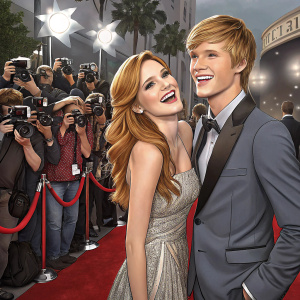 Bella Thorne and Tristan Klier, both Caucasian, posing joyfully at a Hollywood premiere. Red carpet and paparazzi