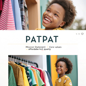PatPat's brand identity webpage highlighting their mission statement and values. Emphasizing affordable, high-quality children's clothing.