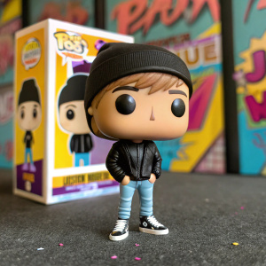Justin Bieber Funko Pop! figurine. Vibrant packaging in the background, figurine with black beanie and jeans.