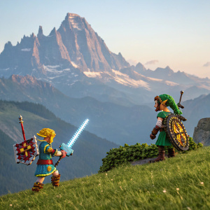 Pixel art scene from The Legend of Zelda: Breath of the Wild. On the left, a character with a unique, vibrant design stands in a colorful outfit, wielding a glowing sword. On the right, a traditional character in a classic green tunic, holding a bow and arrow. Both characters stand on a grassy hillside with a breathtaking view of towering mountains in the background.