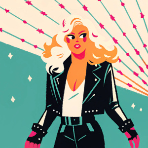 Lady Gaga's Edge of Glory album artwork. Black leather jacket and matching gloves. Neon light background.
