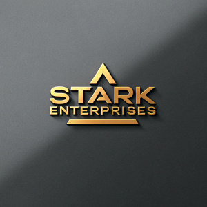 Official Stark Enterprises logo. Angular, modern design with bold contrast of metallic gold and dark grey. Wordmark and symbol harmoniously integrated.