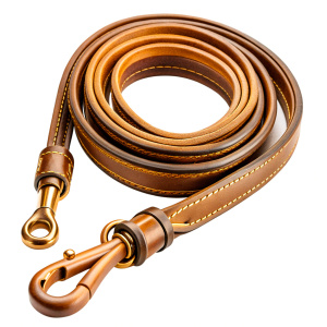 Design a leather leash for a molossoid breed dog. Included features such as adjustable length, padded handle for comfort and a durable carabiner for security.

Show leash only. I don't want to see any animals in the image.
