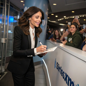 Bethenny Frankel, in a black suit and a white blouse, signing autographs at SiriusXM headquarters. The studio audience claps enthusiastically.