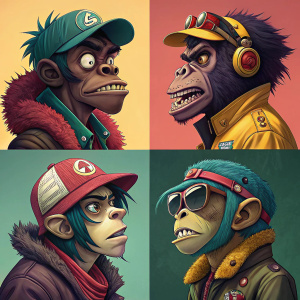 A vibrant digital illustration of Gorillaz characters. The artwork is divided into four sections highlighting distinct characters. Each character has exaggerated facial features, bold colors, and unique accessories. The characters display expressive facial expressions.