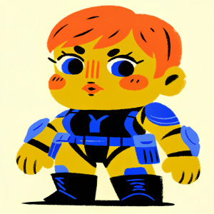 Zarya, the Overwatch character, depicted in chibi style. Short pink hair, focused expression, standing against a plain grey background. Wears a combat outfit with muted colors and combat gear.