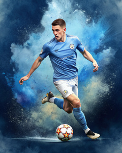 Design the image of Phil Foden, full body with the soccer ball, heading the ball. Do not place any brands or emblems