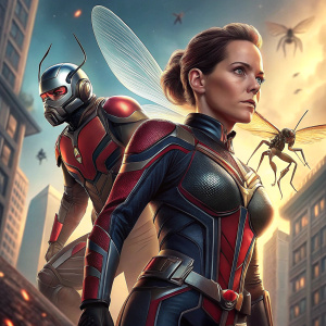Ant-Man and The Wasp movie poster. Giant ants and shrinking technology in the background. Stars Paul Rudd and Evangeline Lilly.