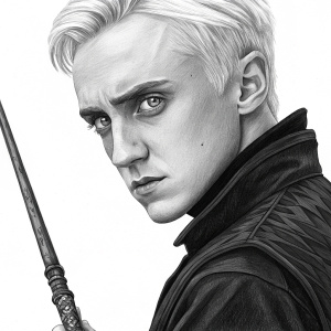 Detailed black and white illustration of Draco Malfoy from Harry Potter series. Focus on facial features and the texture of his wand.