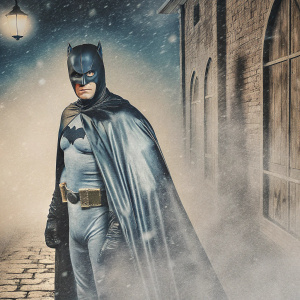 Adam West in a dark, sleek Batman suit, standing on a Gotham-themed set.