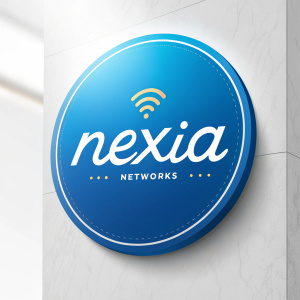 A vibrant, modern logo for Nexia Networks. On a bright white background, the logo features a sleek, blue icon and elegant white font.