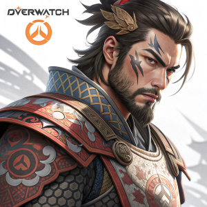 Digital illustration featuring Hanzo from Overwatch. Wearing Okami-inspired armor with intricate patterns. The Overwatch logo visible. A close-up of his detailed face against a white background.