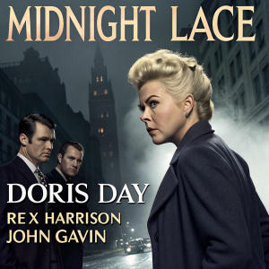 Doris Day, Rex Harrison, and John Gavin starring in 'Midnight Lace'. Dramatic movie poster with dark tones and serious mood. Main focus on Doris Day with blonde, big, messy updo.