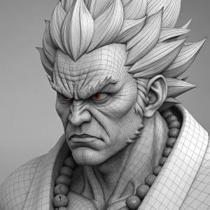 Digital art render of Akuma from Street Fighter and Tekken series. Wireframe overlay on angry face in black and white. Emphasizing intense facial expressions. 3D render style