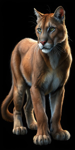 una imagen muy detallada de: ( UN PUMA) .Fondo negro, Cuerpo entero, 64k, Detalles finos. 