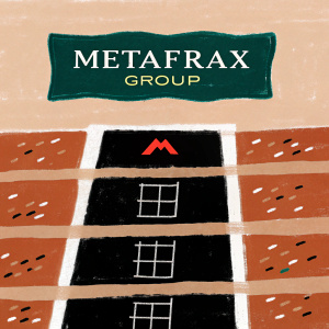 A vibrant purple infographic showcasing Metafrax Group's corporate structure. Each division, separated by clean vertical lines, features unique logos and names.