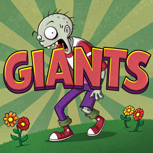 A dynamic and colorful Plants vs. Zombies artwork featuring a white zombie with the word 'Giants' in bold red letters. Vibrant green, purple, yellow, and red hues create a playful and cartoonish vibe.