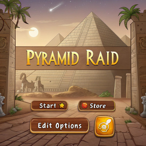 Concept art for 'Pyramid Raid', a video game. Egyptian theme with hieroglyphics and earth tones. Menu options include 'Start', 'Store', 'Edit Options'. Social media icons and description panel.