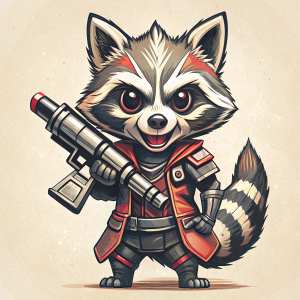 Rocket Raccoon is a character from the movie with cute big eyes ,  laughing  in a full-length arrangement in a half-turn with a bazooka