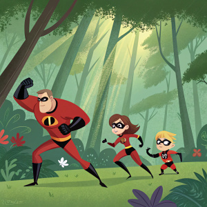 Digital art of the Incredibles family. Mr. Incredible, Elastigirl, Violet, Dash, and baby Jack-Jack in dynamic poses. Set against a lush, green forest backdrop. Animated style