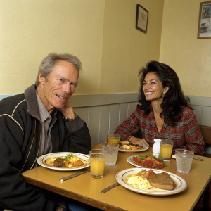 Clint Eastwood and Dina Eastwood at a casual brunch. No backdrop, just a cozy dining room.
