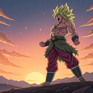 Digital art of Broly, standing in a powerful pose with fierce determination. Background is gradient sunset