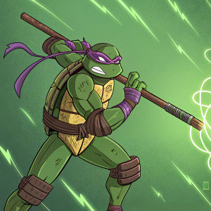 Donatello, Teenage Mutant Ninja Turtle, wielding his signature brown staff with intricate wrapping. Against a neon green backdrop. Highly stylized illustration in a vivid, dynamic comic style.