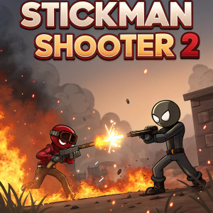 Stickman Shooter 2 game scene. Stickman characters battling with fiery explosions. Game title visible