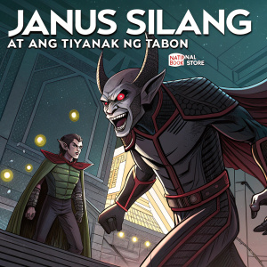 Promotional art for Filipino comic 'Janus Silang AT Ang Tiyanak ng Tabon'. Depicting two demon-like characters with sharp features and menacing expressions. Futuristic setting with technological design elements, intricate lines, and patterns. National Book Store logo prominently displayed.