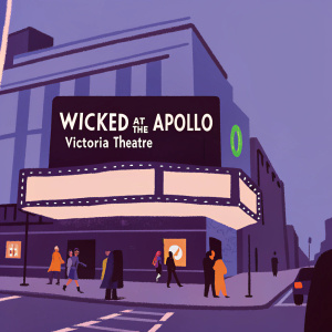 Wicked musical's exterior signage at Apollo Victoria Theatre, bustling London street scene.