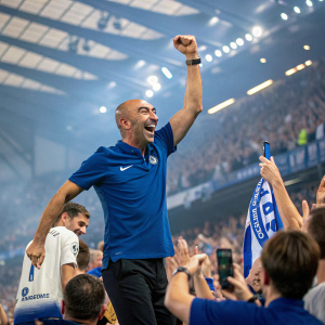 Roberto Di Matteo in a blue polo shirt, celebrating a goal with teammates. Stadium filled with cheering fans