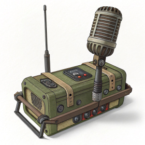 Concept art for War of the Worlds Goliath project. Detailed design of a microphone-like device with greenish-brown color scheme. Features multiple antennas, control panels, and adjustable straps.