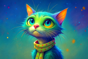 A cartoonish skinny hairy feral cat, sad face, with big round eyes, black ears and light brown fur.
wearing a red and blue scarf with white polka dots tied around his neck.
eyes are very expressive, giving a friendly and curious feeling.
The visible texture suggests that the work is painted on old and damage wood background.
It is a very colorful and cheerful artistic painting