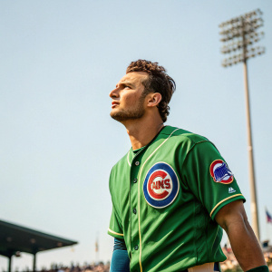 Albert Almora Jr., in a vibrant green Chicago Cubs jersey, is seen mid-game with an intense expression. The vibrant blue sky and sparse crowd create a serene contrast to his fierce focus.