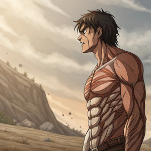 Eren Yeager from Attack on Titan, muscular physique, intense facial expression, standing against a barren landscape.