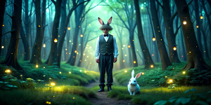 Dark mysterious woods in the evening. Disney-style landscape. Bright, vibrant colors. Tiny glowing fireflies in the air. A lot of green. A white rabbit wearing a waistcoat standing on his legs is in the center.