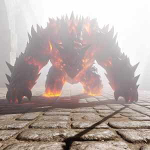 Embermane, a fiery monster from the game Dauntless. Erupting flames from its body. Dark background. 3D rendering.