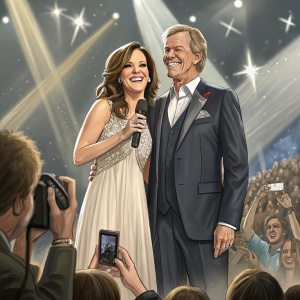 Martina McBride and John McBride, a couple, at the Country Music Awards, standing on stage amidst cheering fans and camera flashes.