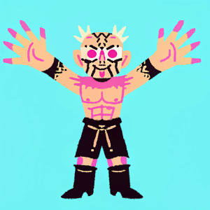 Digital art of a character resembling Miraak from Skyrim. Character has a rugged demonic look, with rough skin and multiple gnarled appendages. Outstretched arms and fierce expression. Dark utilitarian clothing. Created in a blocky pixelated style.