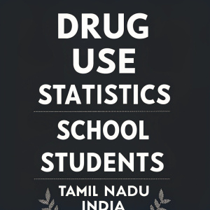 Infographic with stark white text on a black background, displaying drug use statistics among school students in Tamil Nadu, India. Percentages clearly labeled for quick comprehension.