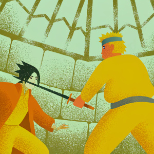 Dynamic illustration of Naruto and Sasuke in intense battle scene. Naruto with dark hair and determined expression. Sasuke using chidori attack. Stone walls background. Dark and muted color palette.