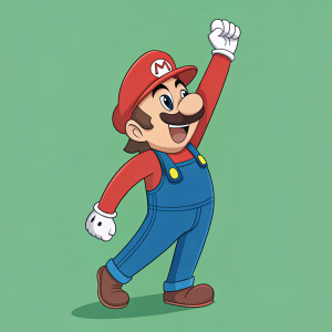 Mario from the Nintendo universe, celebrating a victory with a raised hand. Green background