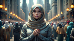 taylor swift memakai hijab sedang berdoa dengan background ditengah keramaian jalanan NYC