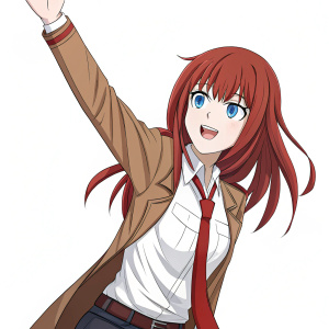 Makise Kurisu, Caucasian, youthful, red hair, blue eyes, white shirt, red tie, brown jacket, waving hand, dynamic pose, against plain white background, digital illustration