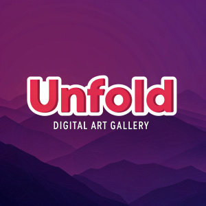 Digital art gallery logo for Unfold. The logo features the bold red word 'UNFOLD' against a gradient purple background. The text 'Digital Art Gallery' is written in modern sans-serif font below the main title. The design is modern and visually striking.